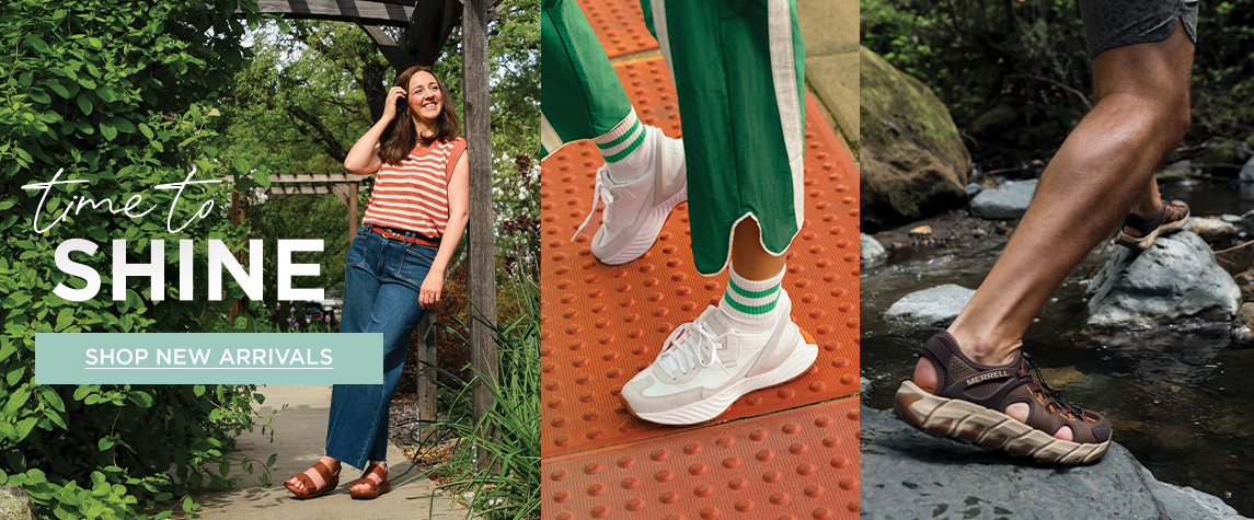 People wearing shoes in various stages of life with overlay text of "Time to shine. Shop new arrivals."
