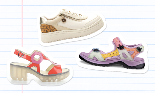 Cutouts of a variety of fun, bright colored kidult footwear for women on a paper background