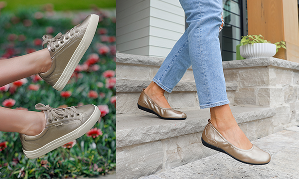Women wearing metallic colored sneakers and ballet flats