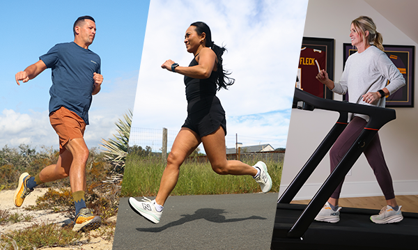 A man running on a trail, a woman running on a road, and a woman on a treadmill