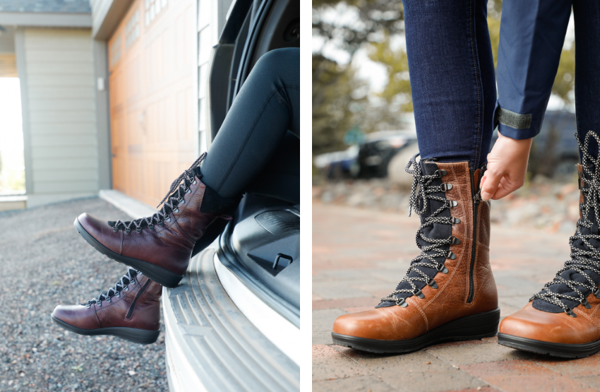Woman putting on boot