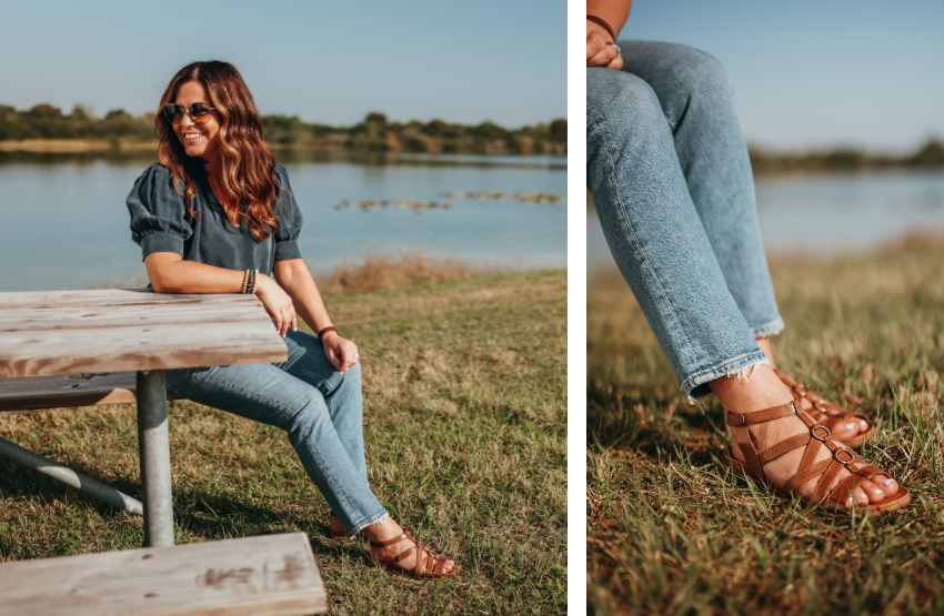 Woman sitting on picnic table