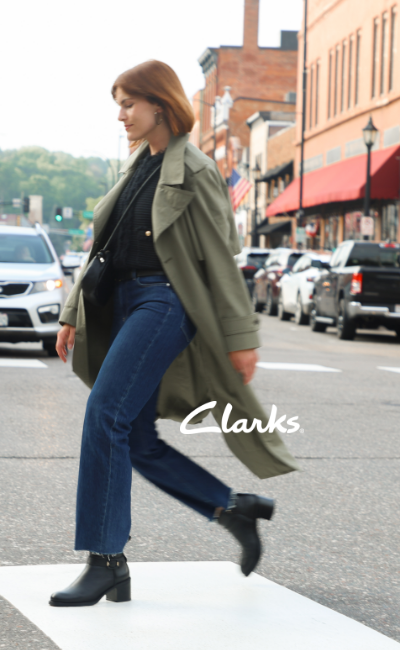 Woman walking across crosswalk in Clarks Chamberly Trim boots