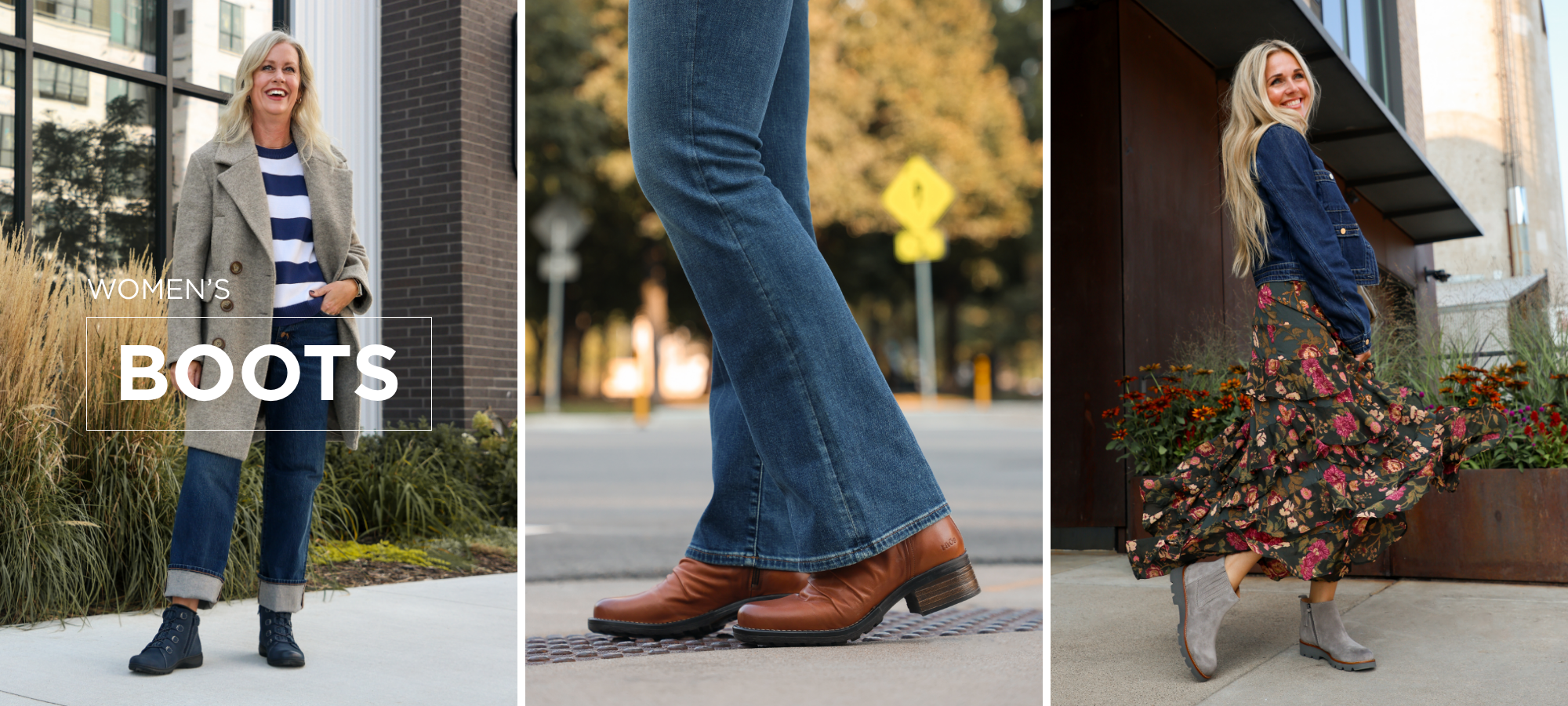 3 different woman posing in Clarks, Taos and Sofft boots