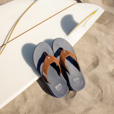 Shoes sitting on surfboard