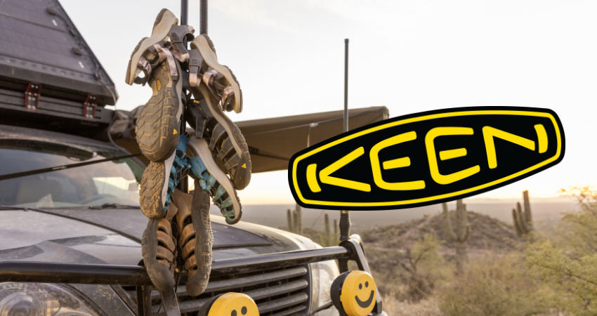 Keen shoes hanging in front of vehicle 