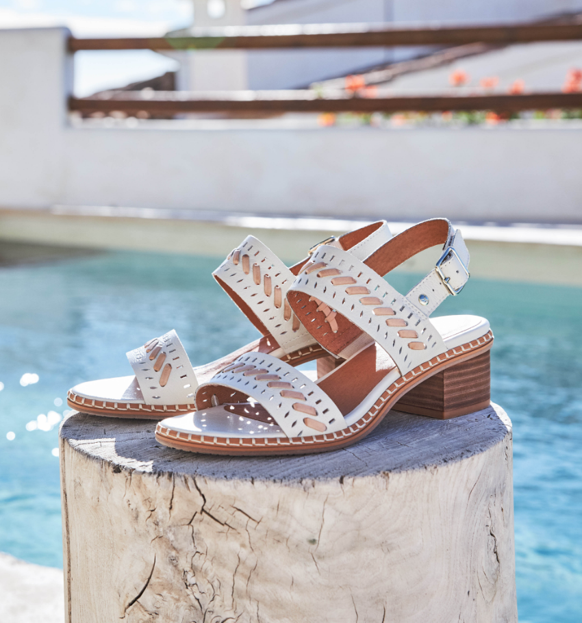 Shoes sitting on log by pool