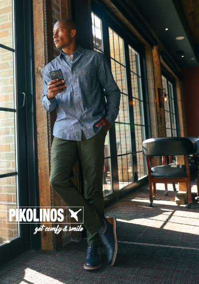 Man leaning against windows wearing Pikolinos Berna 4183 dress shoes
