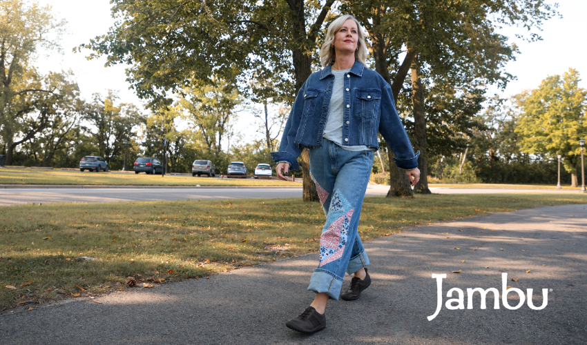 Woman walking in park with hands free Jambu Veronica Touchless sneakers on