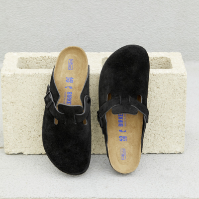 Birkenstock shoes posed on cinder block 