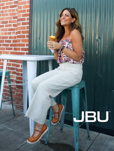 Woman eating ice cream wearing Jambu sandals