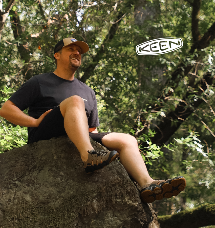 Man wearing Keen sandals while hiking