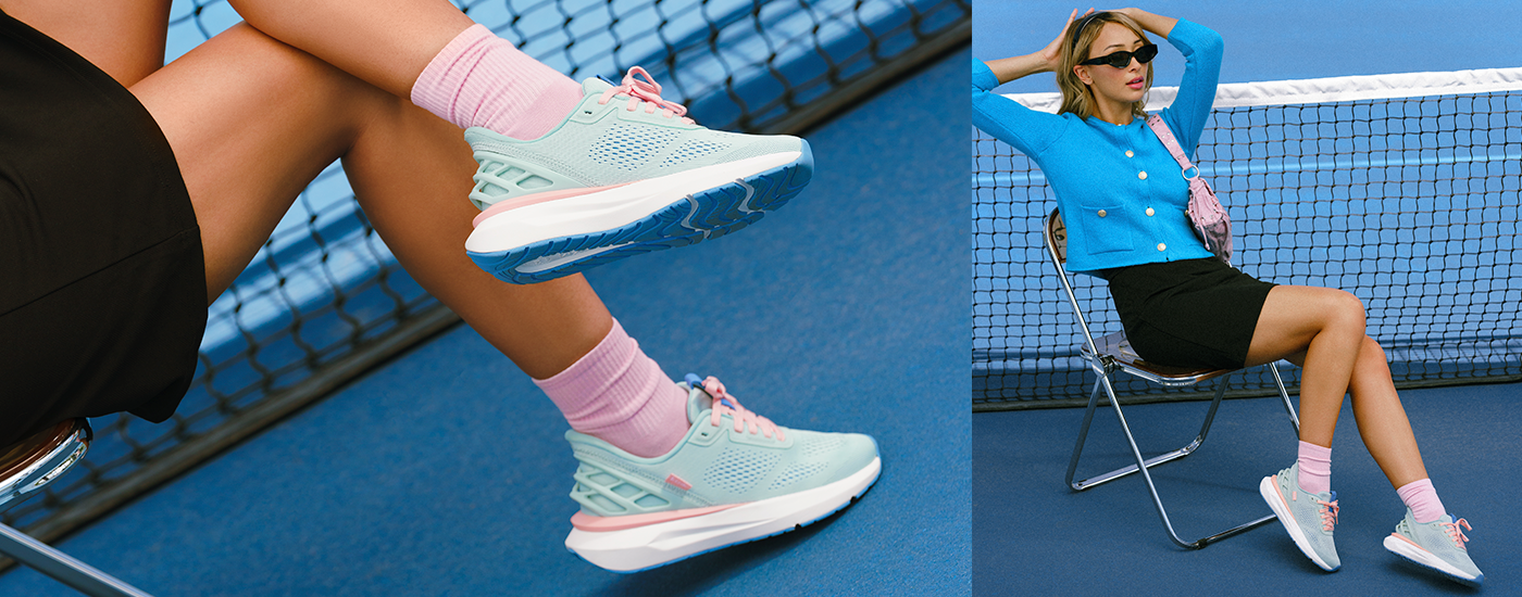 Kizik Athens 2 Woman wearing Kizik Athens 2 blue and pink sneakers on a tennis court
