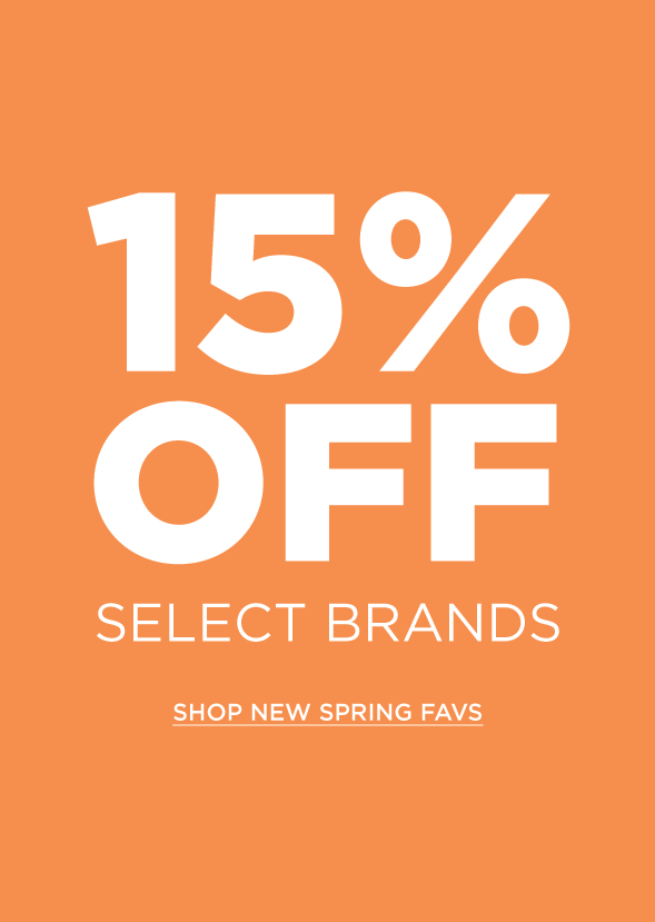 Orange block with text 15% off select brands. Shop now.