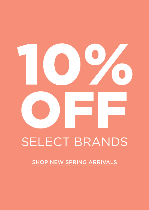 salmon-colored block with text that says 10% off select brands. Shop now.